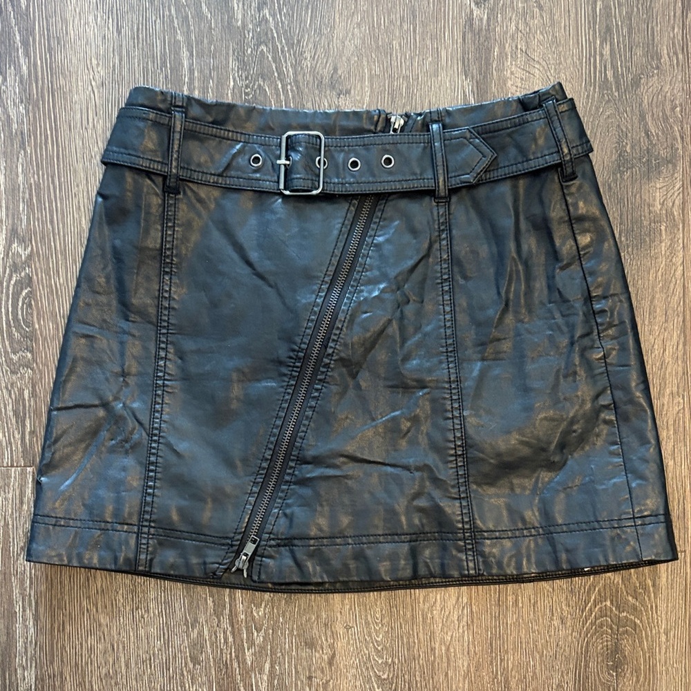 Black Faux Leather Skirt with Belt
